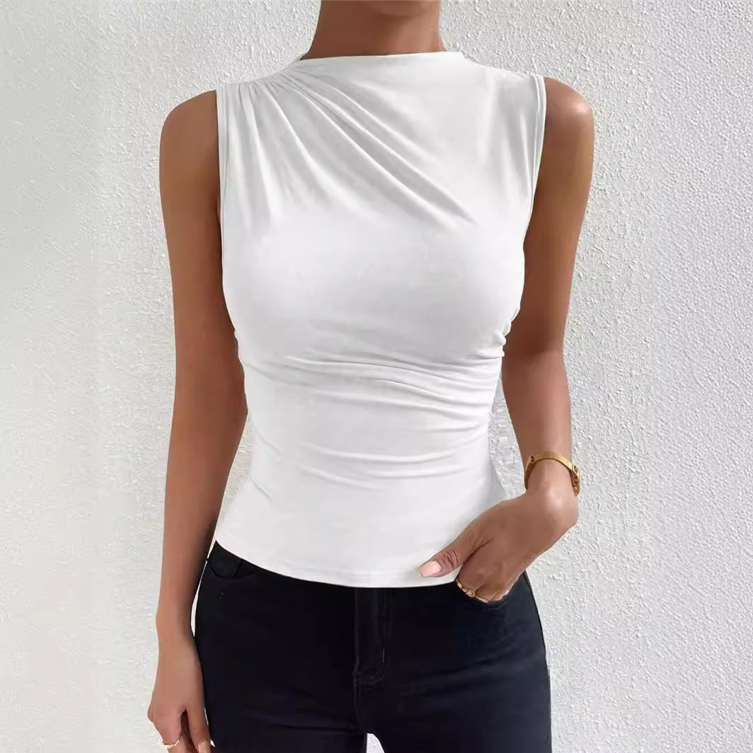 T-shirt à col roulé sans manches plissé de couleur unie à la mode