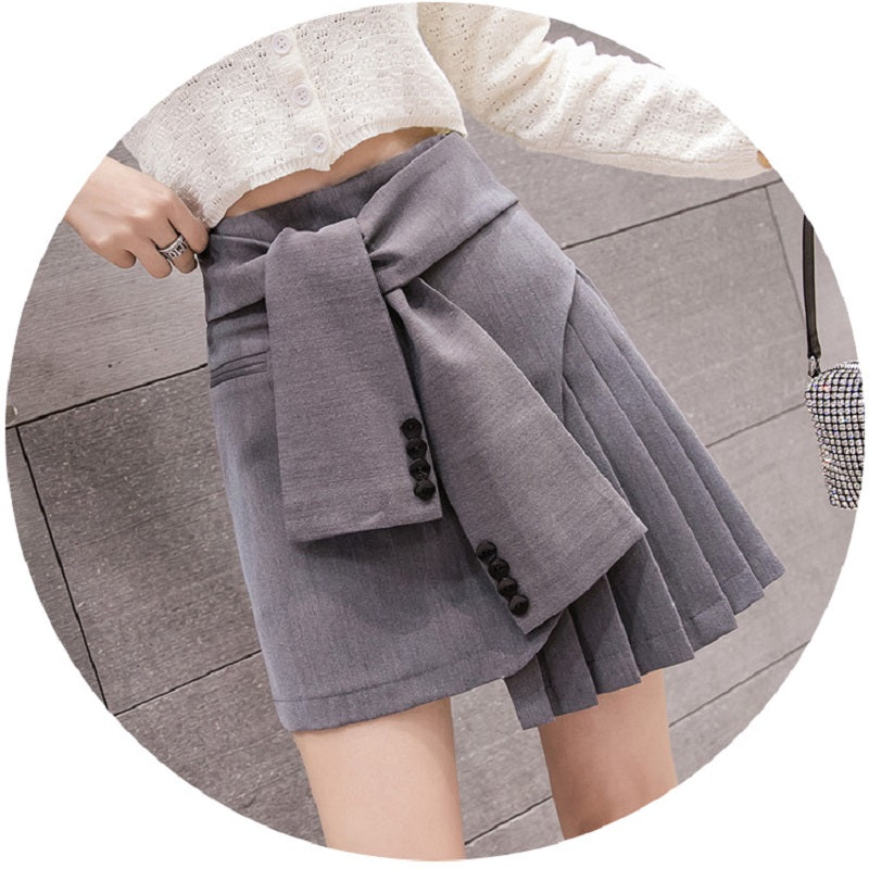 Chic Spring New Korean French Lady Lacing Faux Two Pieces Bottom Elegant Design Irregular A-Line Pleated Skirts Shorts for Women