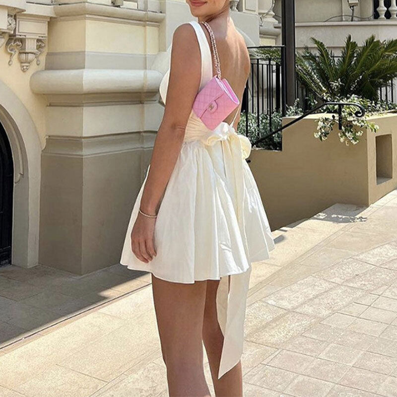 White Backless Bow Mini Dress
