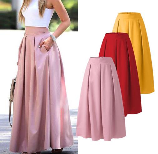 Plus-size solid color high-waisted skirt pleated skirt
