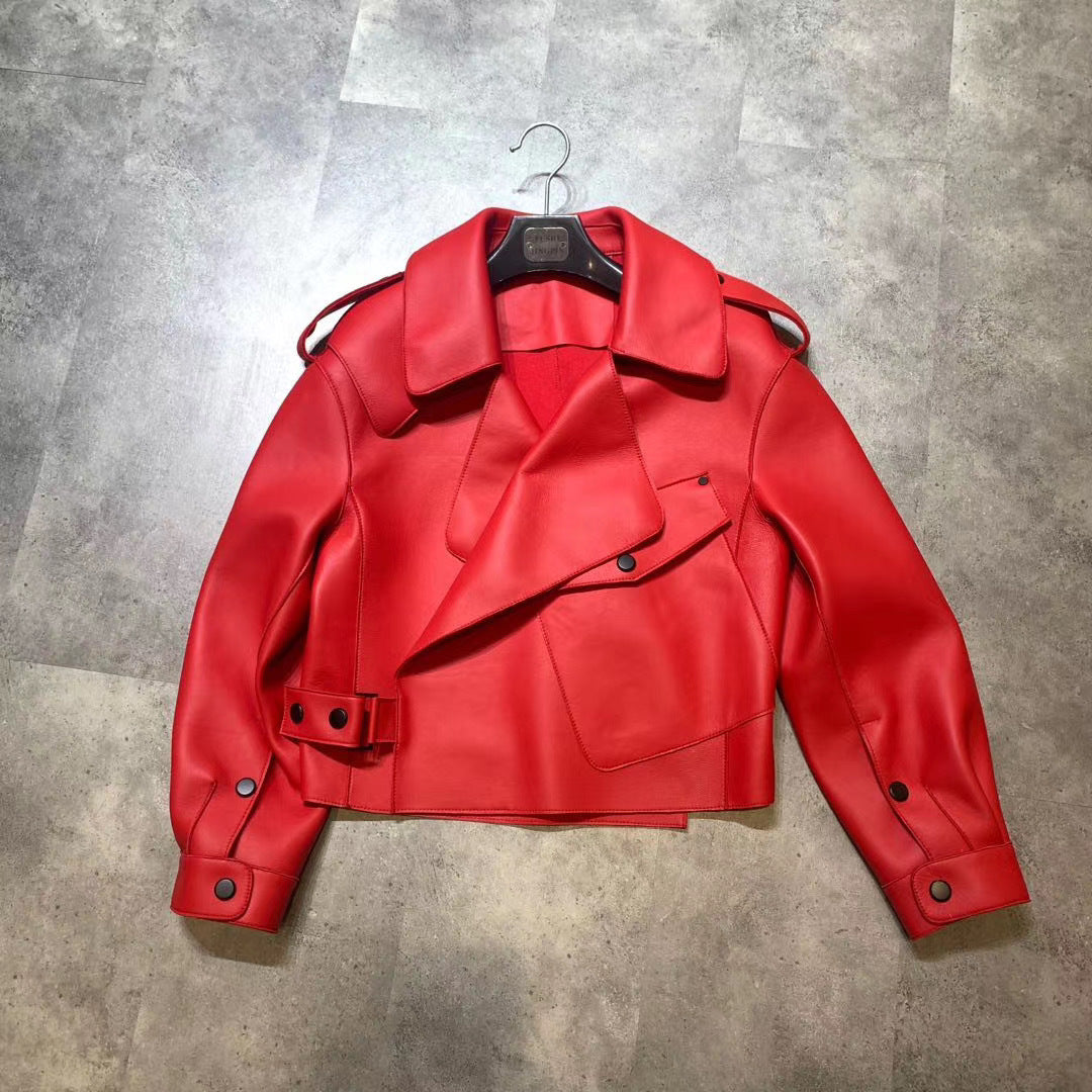 Veste en cuir véritable pour femme, manteau court ample en peau de mouton