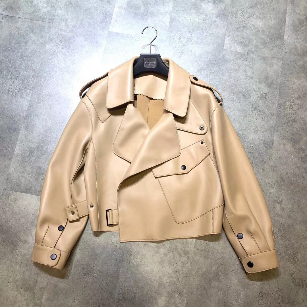 Veste en cuir véritable pour femme, manteau court ample en peau de mouton