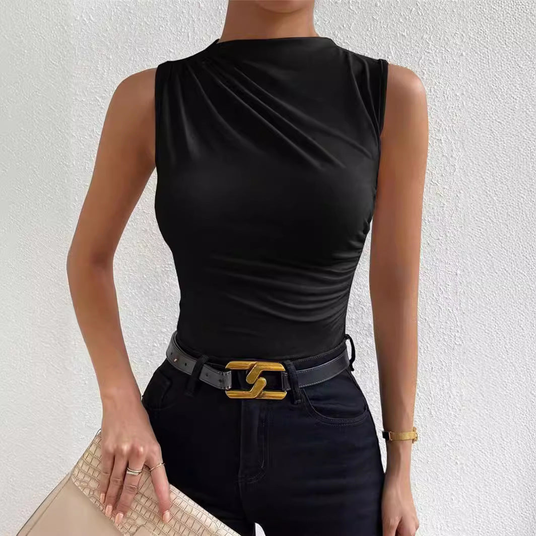 T-shirt à col roulé sans manches plissé de couleur unie à la mode