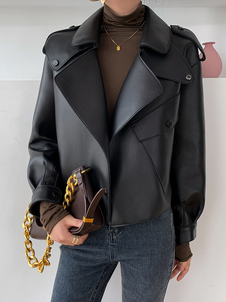 Veste en cuir véritable pour femme, manteau court ample en peau de mouton