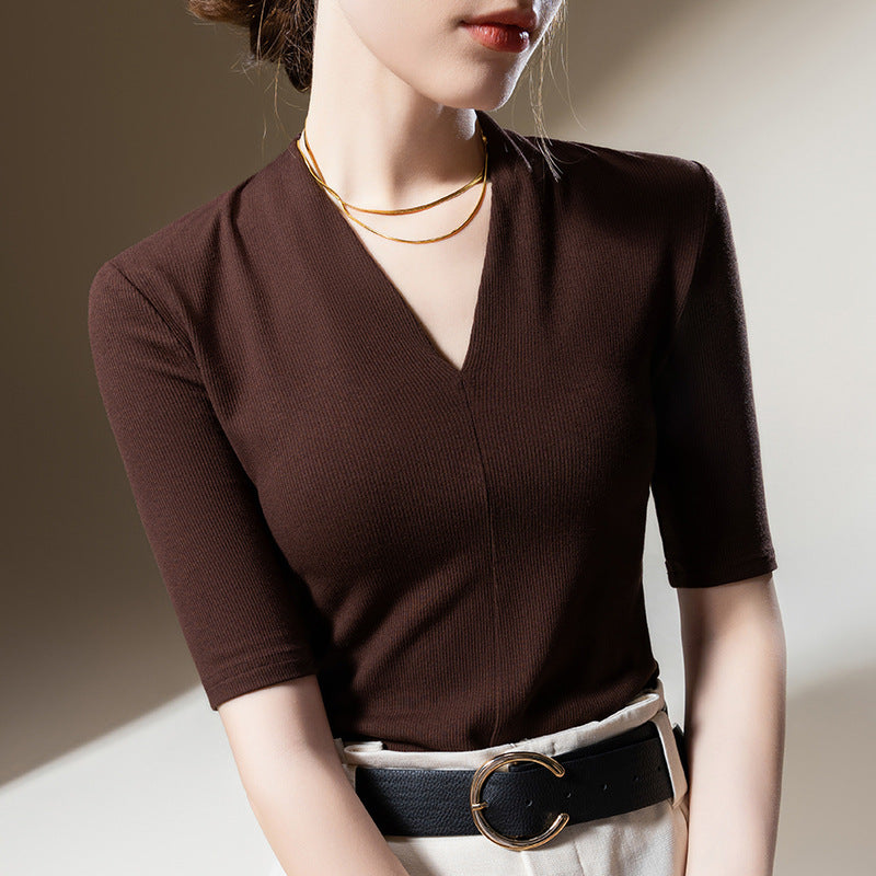 Women Clothings for Autumn Spring Half Sleeve Cotton Women T-shirts Solid Color V-neck Tops for Women All Match Women Blouses