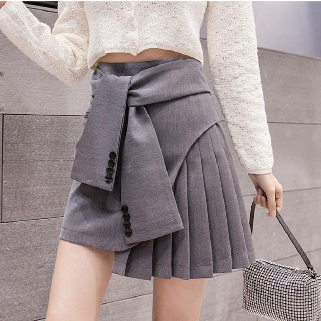 Chic Spring New Korean French Lady Lacing Faux Two Pieces Bottom Elegant Design Irregular A-Line Pleated Skirts Shorts for Women