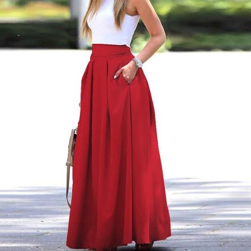 Plus-size solid color high-waisted skirt pleated skirt