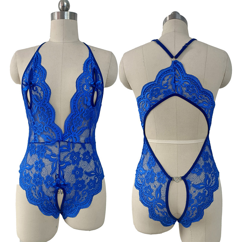 Sexy lingerie women's lace hollow bra set deep V open chest lingerie set