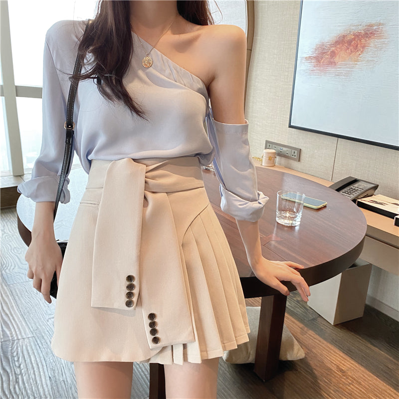 Chic Spring New Korean French Lady Lacing Faux Two Pieces Bottom Elegant Design Irregular A-Line Pleated Skirts Shorts for Women