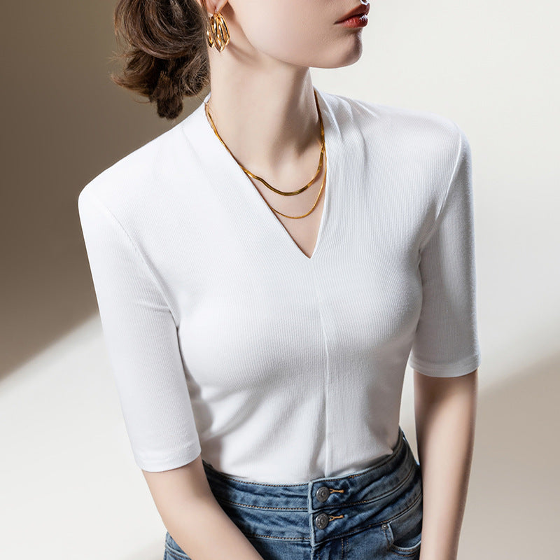 Women Clothings for Autumn Spring Half Sleeve Cotton Women T-shirts Solid Color V-neck Tops for Women All Match Women Blouses