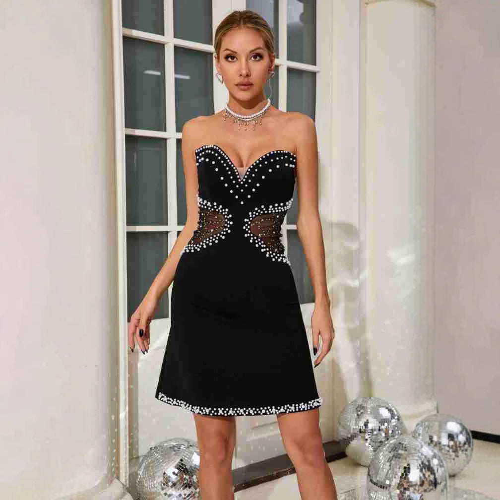 Robe tube sexy à découpes et perles à bulles