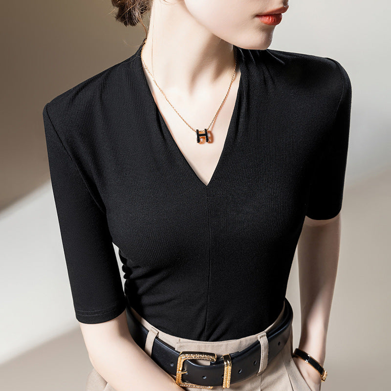 Women Clothings for Autumn Spring Half Sleeve Cotton Women T-shirts Solid Color V-neck Tops for Women All Match Women Blouses