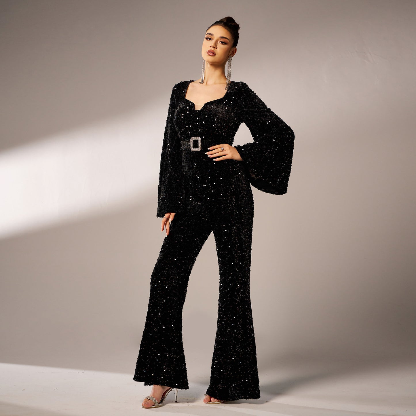 Long Sleeve Square-neck Slim-fit Sheath Banquet Sequined Jumpsuit