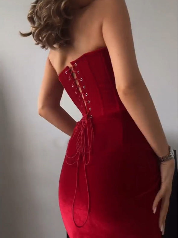 Red Velvet Tube Top Twist Dress