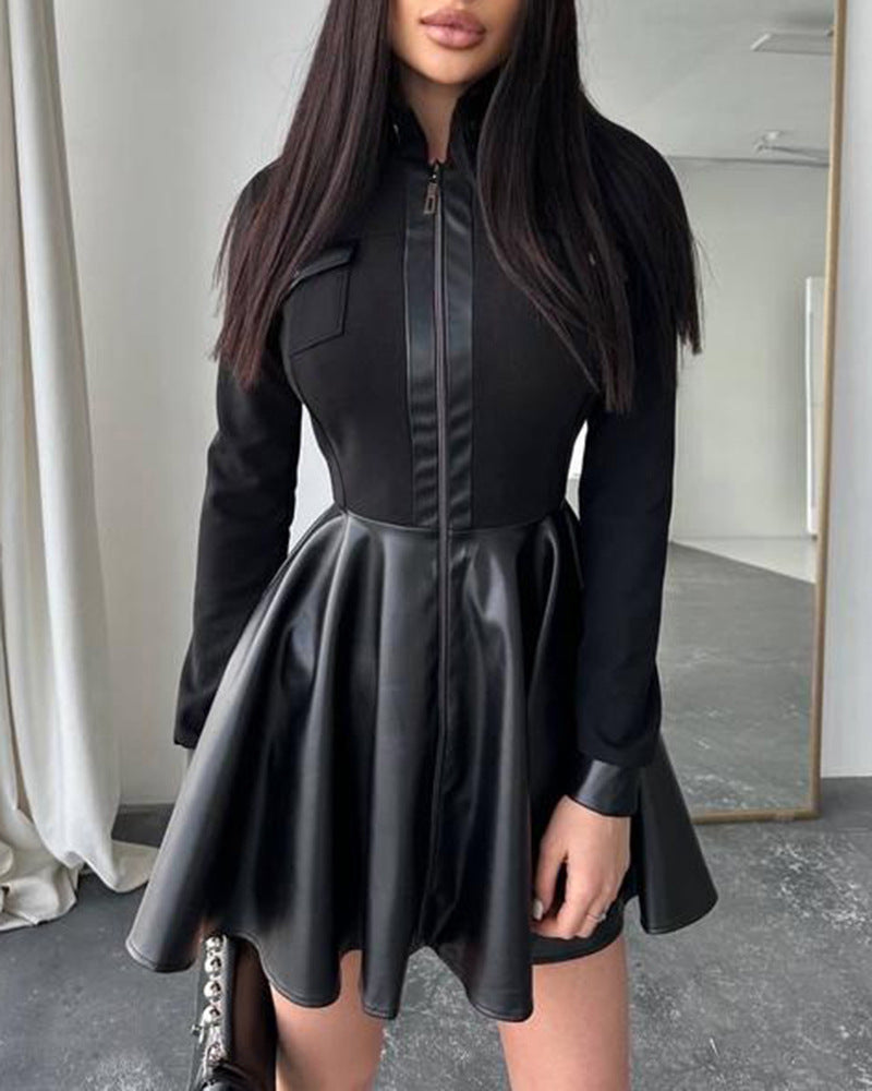 Women's Leather Stitching Long Sleeve Dress