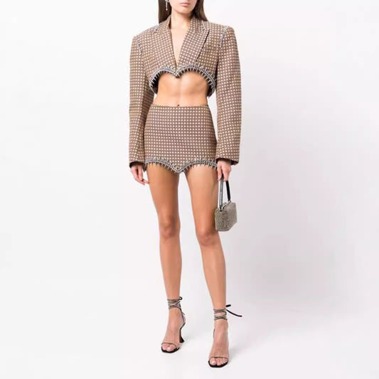 Retro Houndstooth Short Suit Coat Set