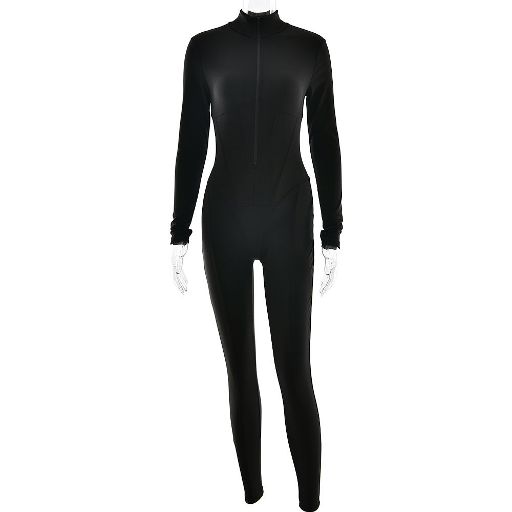 Women's Long-sleeved Zipped Round Neck Long Jumpsuit