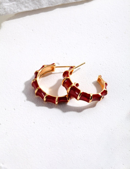 Red Enamel Glaze Bamboo Earrings