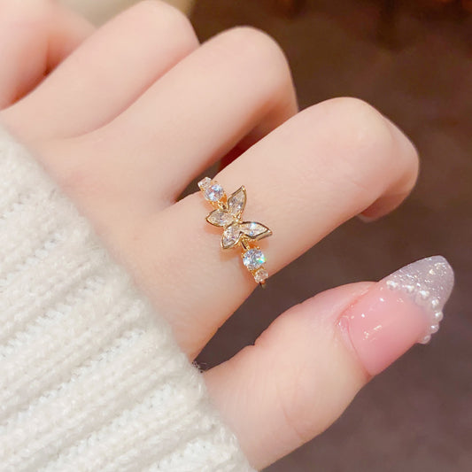 Fashion Jewellery New Style Gold Plated Beautiful Sweet Diamond Inlaid Butterfly Ring Women'S Luxury Temperament Elegant Ring Party Jewellery