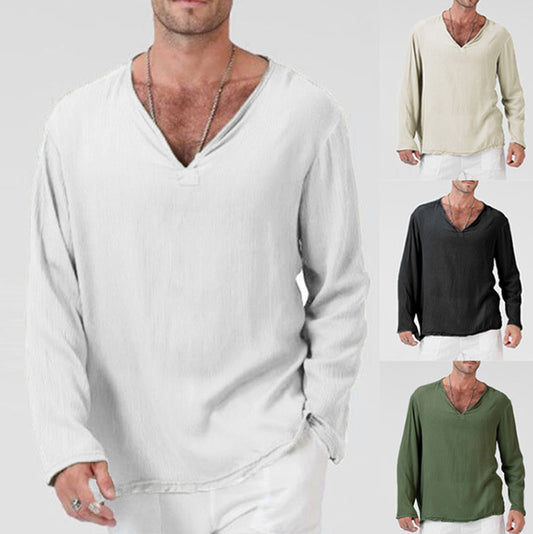 Linen Ethnic Style Loose Men's V-neck Solid Color Long-sleeved T-shirt