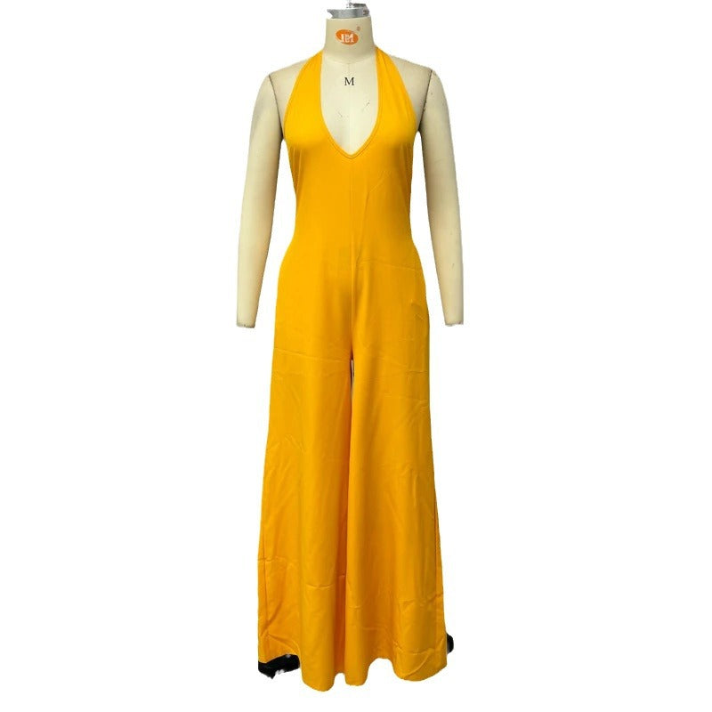 Solid Color And V-neck Sleeveless Simple Style Wide Leg One-piece Trousers