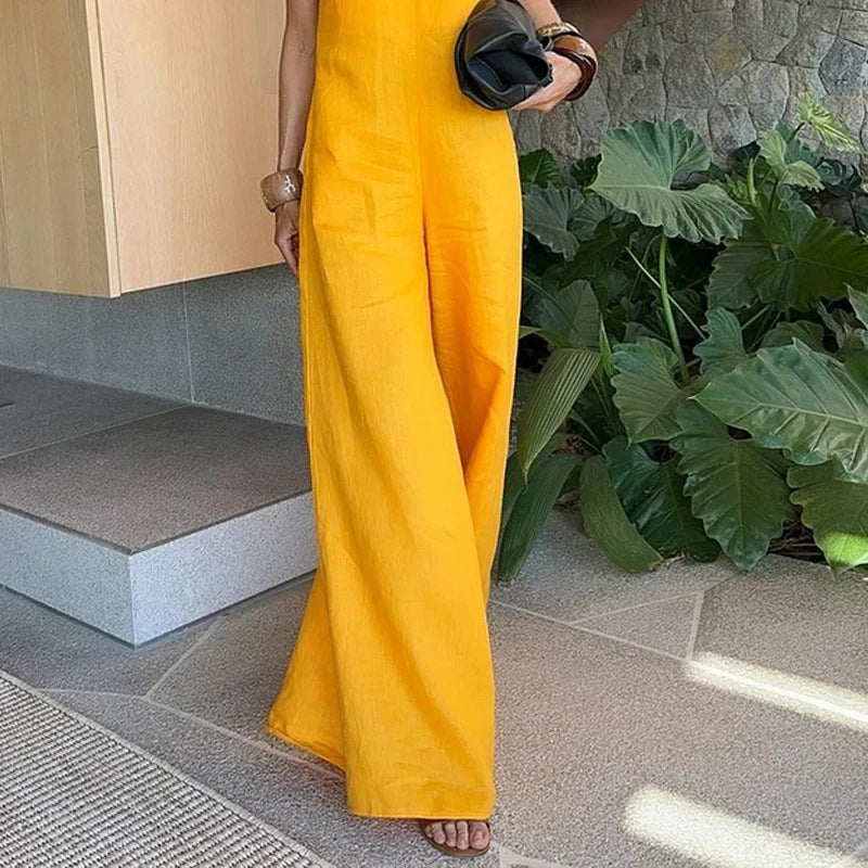 Solid Color And V-neck Sleeveless Simple Style Wide Leg One-piece Trousers