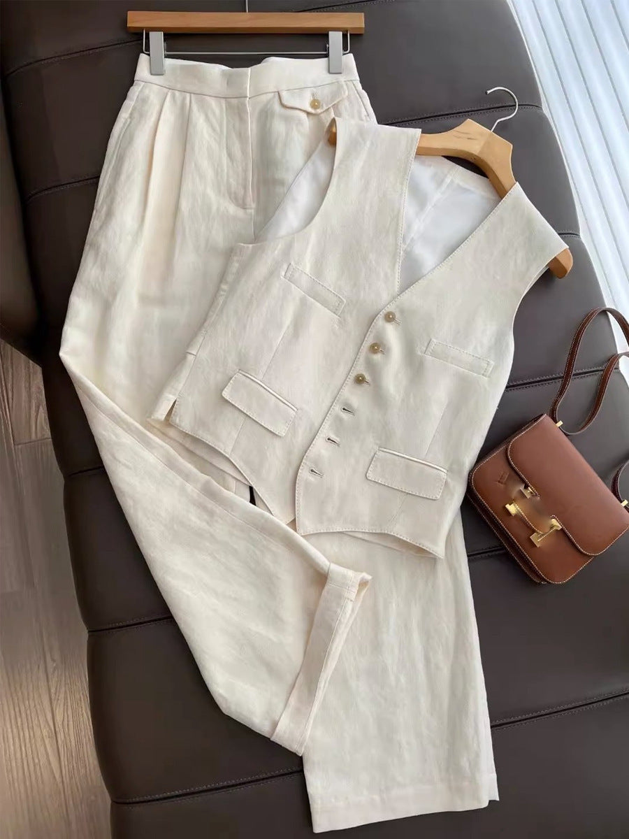 Fashionable Temperament Cotton And Linen Suit Vest Wide Leg Pants Two-piece Set