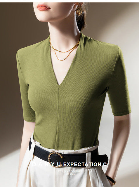 Women Clothings for Autumn Spring Half Sleeve Cotton Women T-shirts Solid Color V-neck Tops for Women All Match Women Blouses