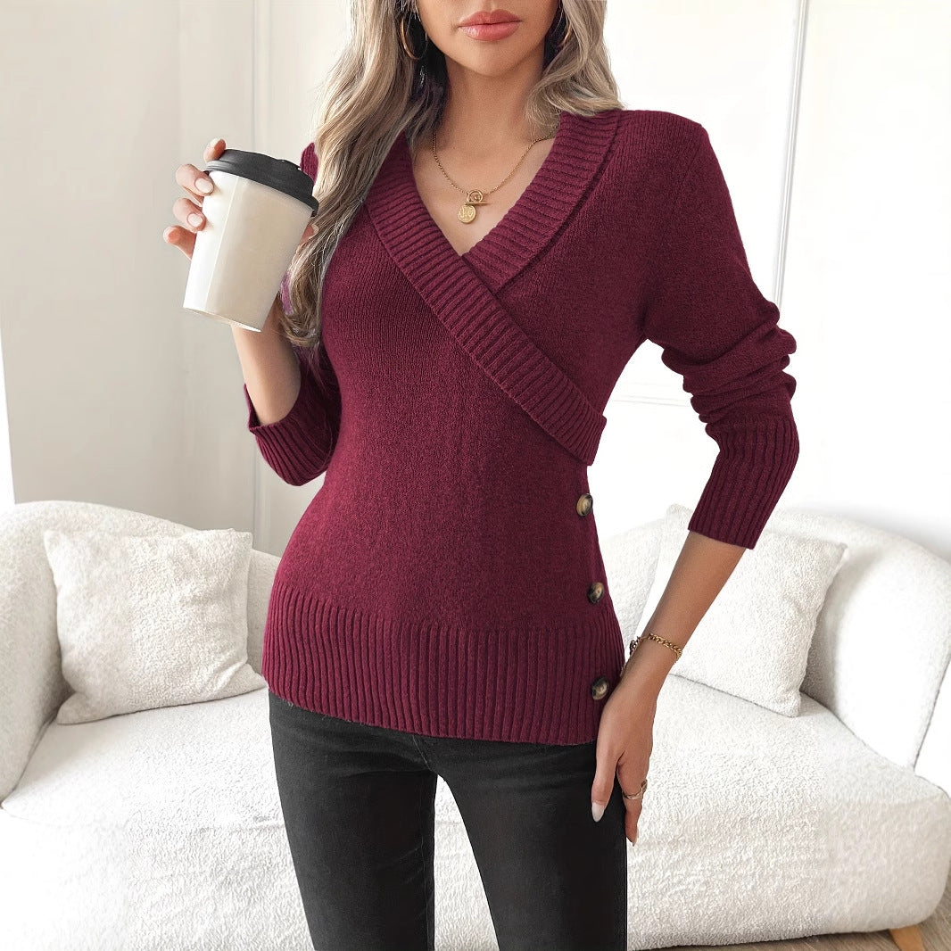 Pullover Button Elegant Knitted Sweaters Women's Clothing