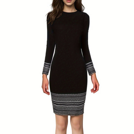 New Patchwork Round Neck Temperament Commute Long Sleeve Dress