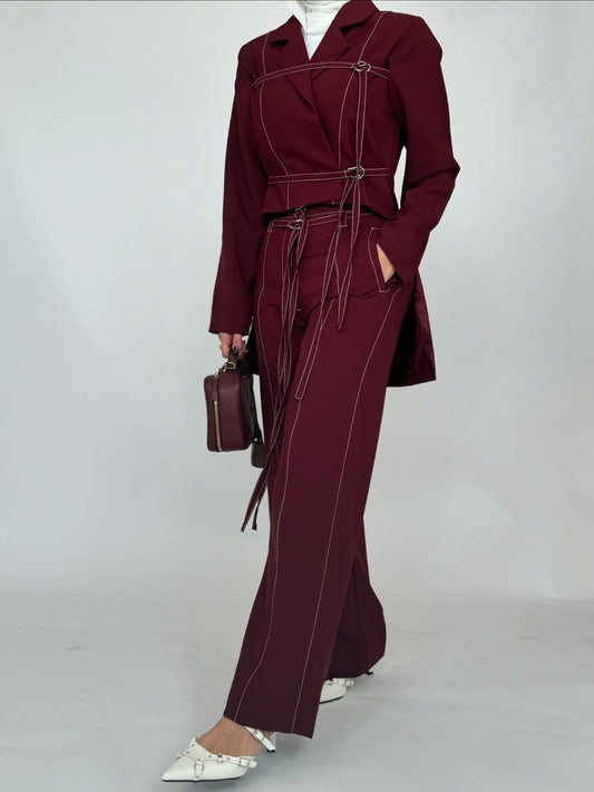 Burgundy Lace-up Top & High-waisted Pants Set