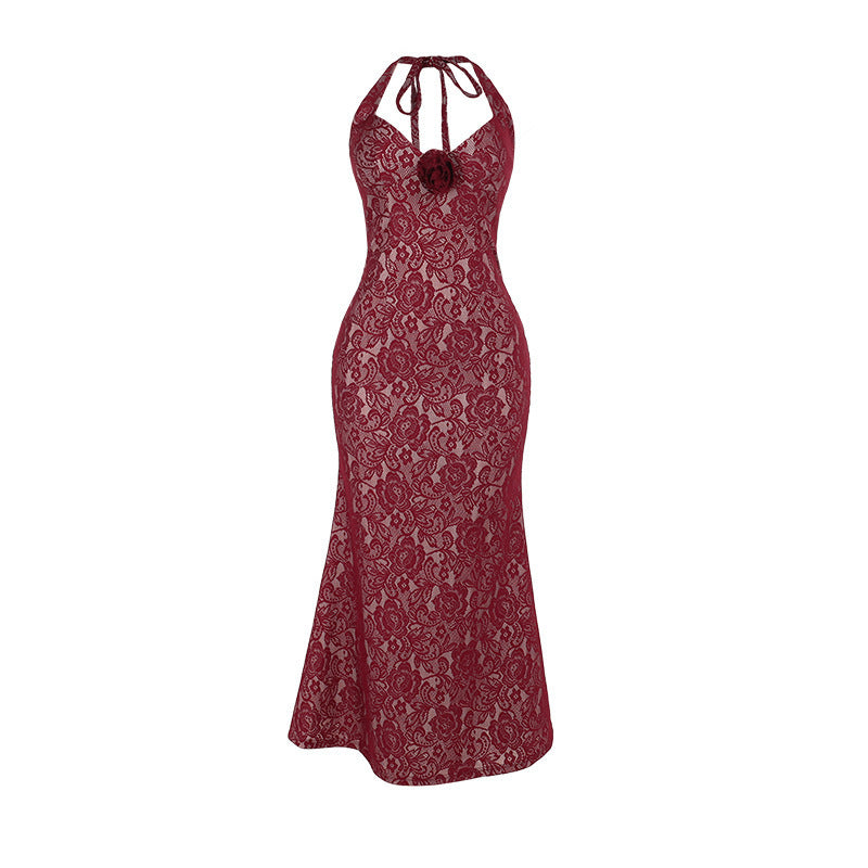 Burgundy Strap Lace Tight Dress