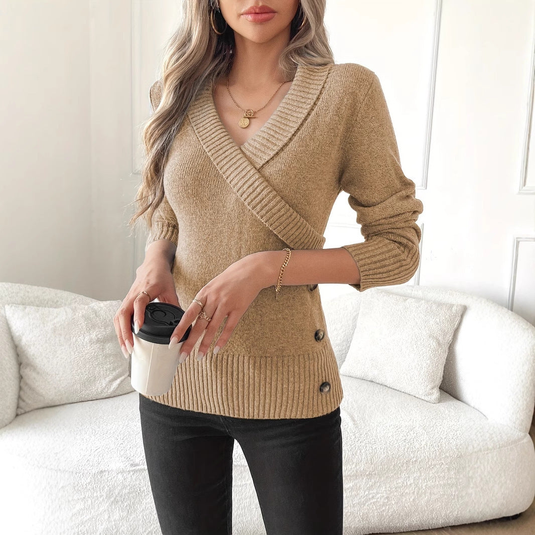 Pullover Button Elegant Knitted Sweaters Women's Clothing