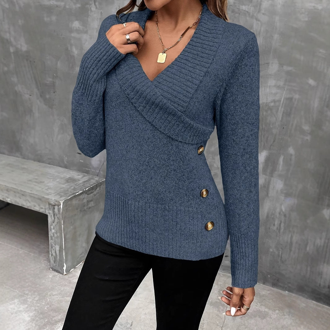 Pullover Button Elegant Knitted Sweaters Women's Clothing