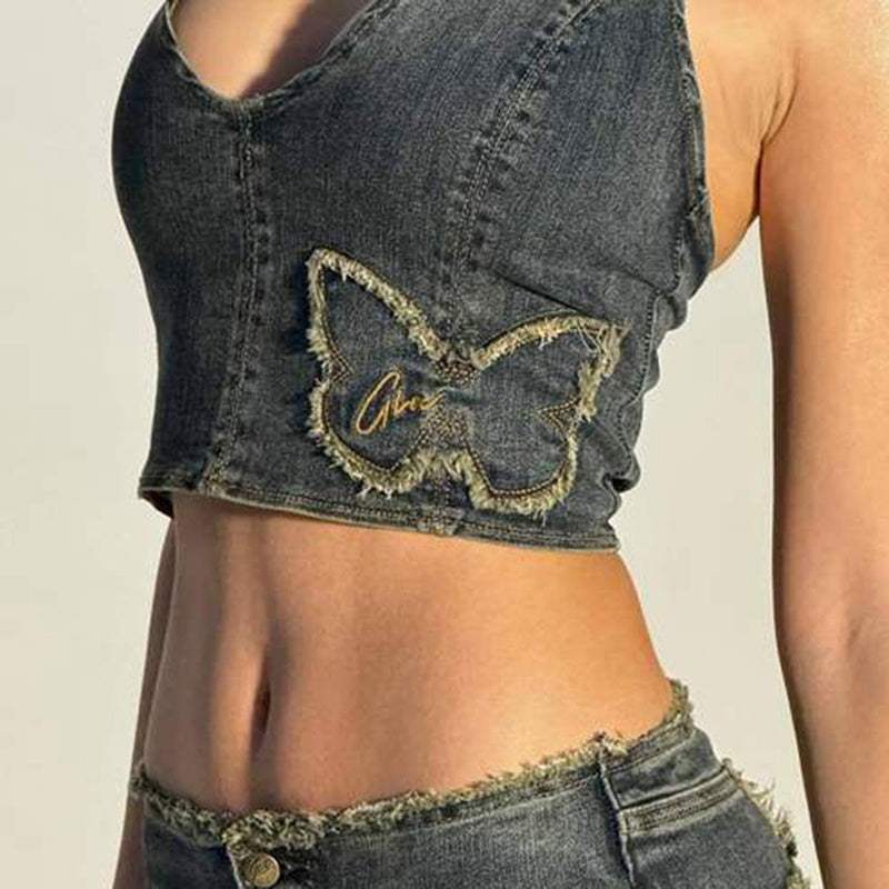 Girl Featured Loose Edge Butterfly Denim Halter Slimming Niche Vest