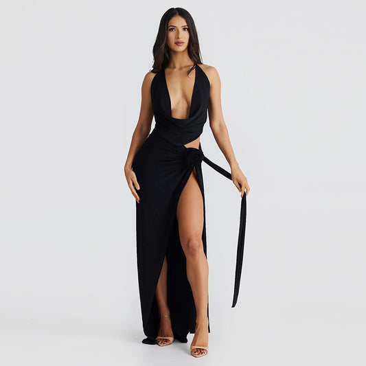 Lace-up Backless Sexy Deep V-neck Halter Sling High Slit Mid-length Dress Set